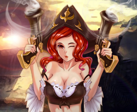 Обои картинки фото league of legends, фэнтези, девушки, league, of, legends, шляпа, арт, пиратка, игра, оружие, девушка