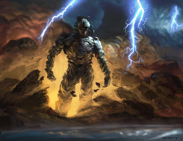 Обои картинки фото фэнтези, существа, обломки, молнии, камни, земля, гигант