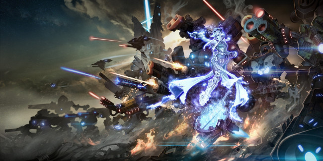 Обои картинки фото фэнтези, роботы,  киборги,  механизмы, магия, будущее, атака, сражение