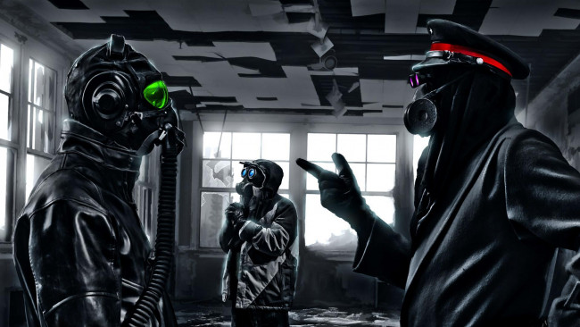 Обои картинки фото фэнтези, люди, романтика, апокалипсиса, трое, помещение, противогаз, капитан