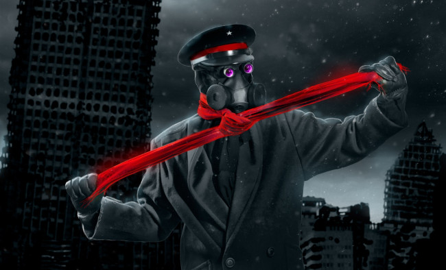 Обои картинки фото фэнтези, люди, романтика, апокалипсиса, руины, alexiuss, арт, город, шарф, капитан, противогаз