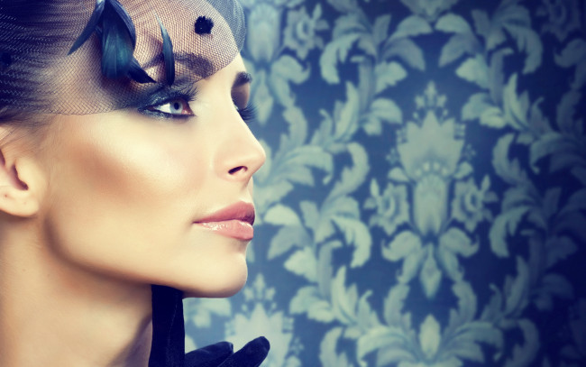 Обои картинки фото девушки, -unsort , лица,  портреты, лицо, макияж, гламур, профиль, сетка, вуаль, перо, перчатка, обои, орнамент