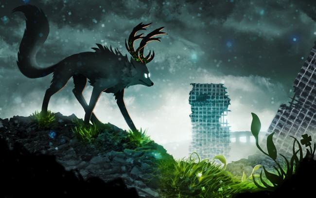 Обои картинки фото фэнтези, существа, листья, alexiuss, тучи, арт, снег, здания, рога, животное, небо, руины, трава, романтика, апокалипсиса