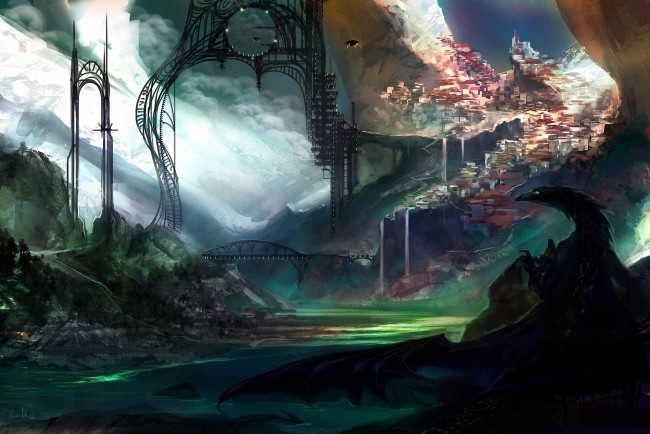 Обои картинки фото фэнтези, драконы, город, мост, мир, иной, дракон