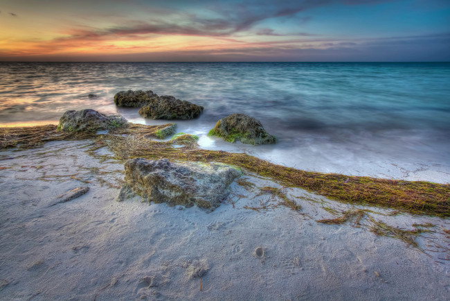 Обои картинки фото природа, побережье, океан, пляж, горизонт, заря