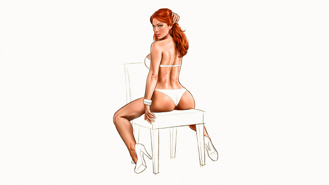 Обои картинки фото рисованное, люди, взгляд, фон, девушка, стул