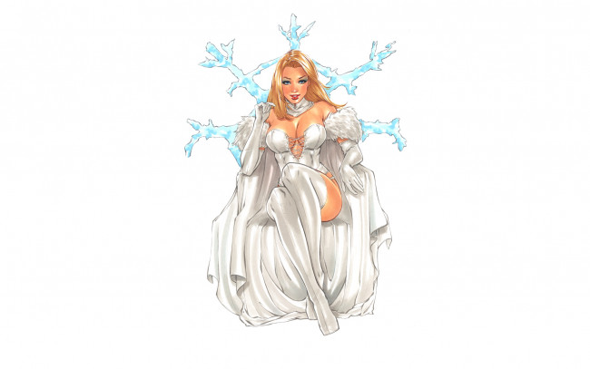 Обои картинки фото рисованное, комиксы, снежинка, кресло, улыбка, взгляд, фон, девушка