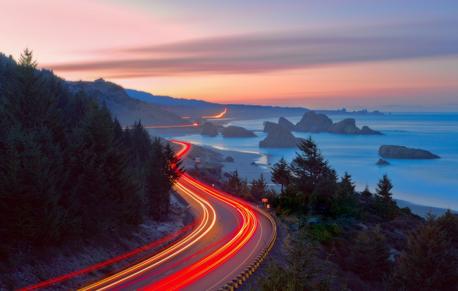Обои картинки фото природа, дороги, дорога, океан, выдержка, лес, свет