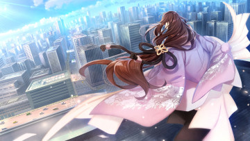 Картинка аниме город +улицы +здания фон девушка взгляд