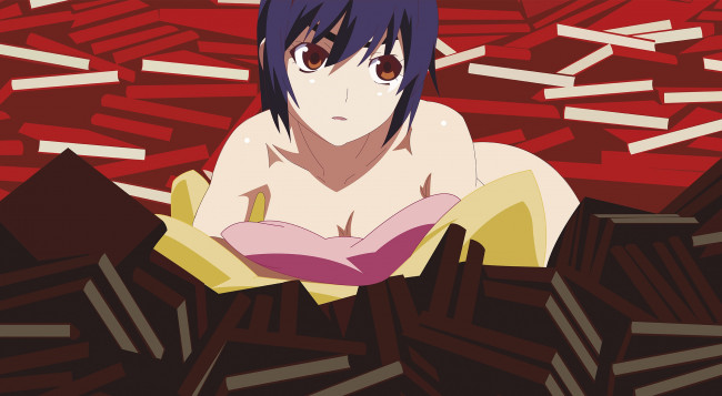 Обои картинки фото аниме, bakemonogatari, фон, девушка, взгляд