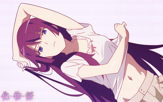 Обои картинки фото аниме, bakemonogatari, взгляд, девушка, фон