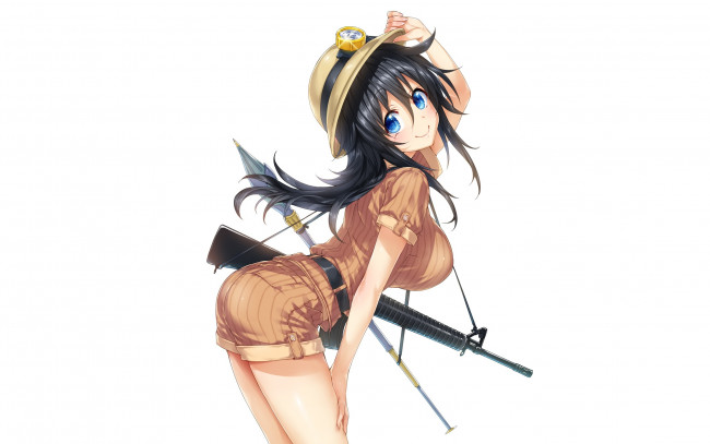 Обои картинки фото аниме, оружие,  техника,  технологии, взгляд, девушка, фон