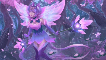 Картинка видео+игры league+of+legends девушка посох цветы деревья lux