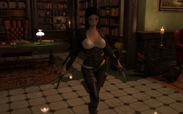 Картинка 3д+графика фантазия+ fantasy девушка фон взгляд униформа комната пистолет