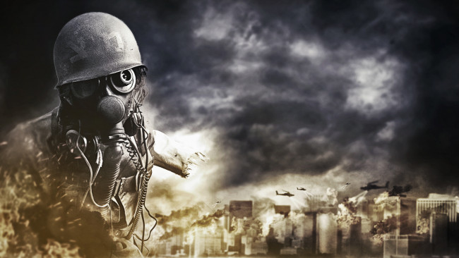 Обои картинки фото разное, компьютерный дизайн, человек, каска, противогаз