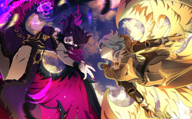 Обои картинки фото видео игры, league of legends, morgana, kayle, девушки, крылья, бой