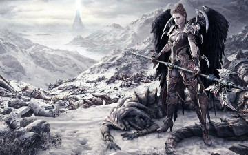 Картинка видео+игры aion девушка ангел крылья оружие трупы горы