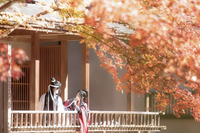 Обои картинки фото девушки, - креатив,  косплей, образы, балкон, осень