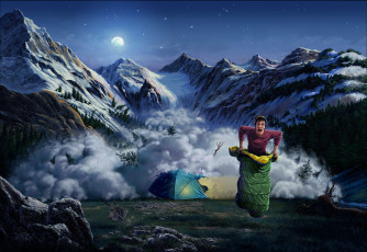 Картинка юмор приколы парень горы лавина палатка спальный мешок ситуация