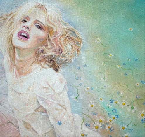 Обои картинки фото wlodzimierz, kuklinski, рисованные, девушка, цветы, ромашки