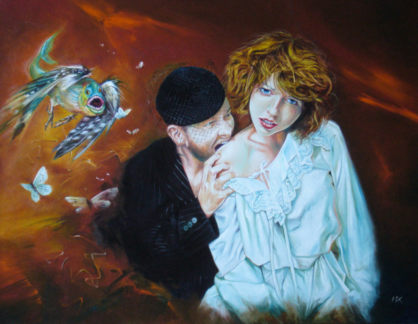 Обои картинки фото wlodzimierz, kuklinski, фэнтези, люди, девушка, мужик, рыба, птица, бабочки