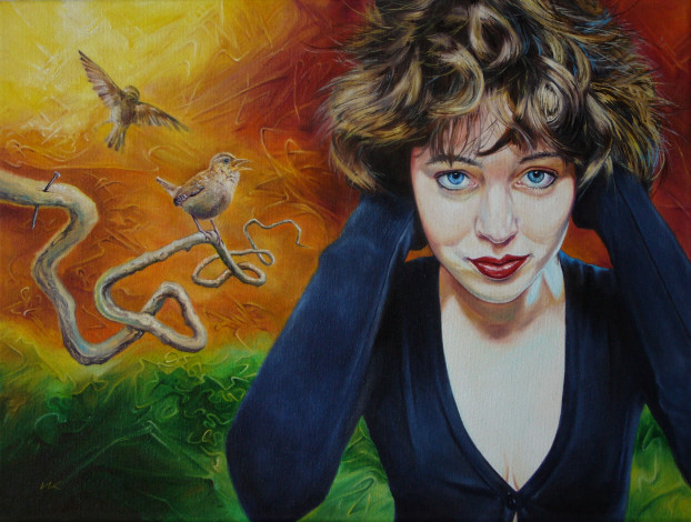 Обои картинки фото wlodzimierz, kuklinski, рисованные, птицы, девушка