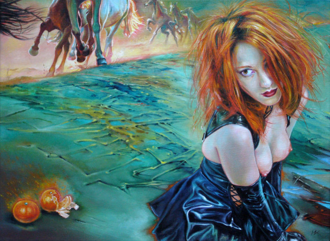 Обои картинки фото wlodzimierz, kuklinski, фэнтези, девушки, мандарины, лошади, кони, девушка