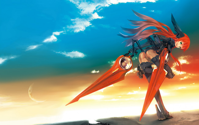 Обои картинки фото by, redjuice, аниме, weapon, blood, technology, небо, оружие, робот, девушка