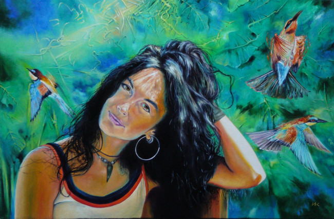 Обои картинки фото wlodzimierz, kuklinski, рисованные, птицы, девушка