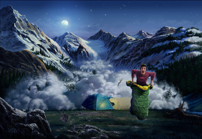 Обои картинки фото юмор, приколы, парень, горы, лавина, палатка, спальный, мешок, ситуация