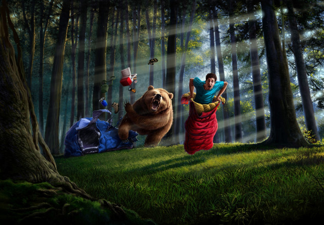 Обои картинки фото юмор, приколы, парень, лес, медведь, палатка, спальный, мешок, ситуация