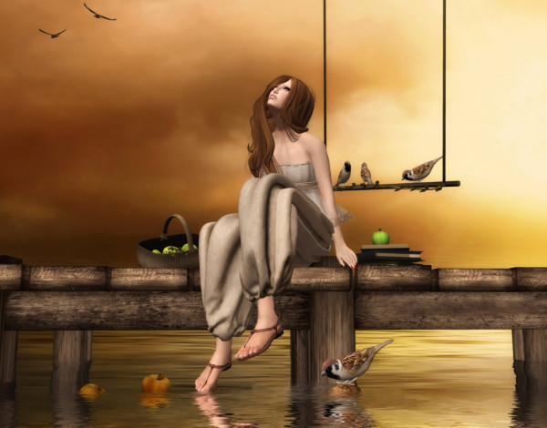 Обои картинки фото 3д, графика, people, люди, девушка, воробьи, слезы