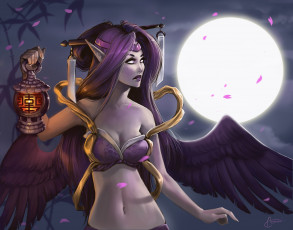 Картинка league+of+legends фэнтези ангелы девушка morgana арт league of legends лепестки ночь луна фонарь уши крылья