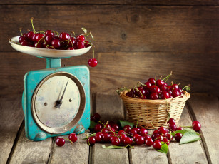 Картинка еда вишня +черешня корзинка ягоды весы