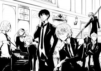 Картинка аниме *unknown+ другое монохромное девушки парни чёрно-белое