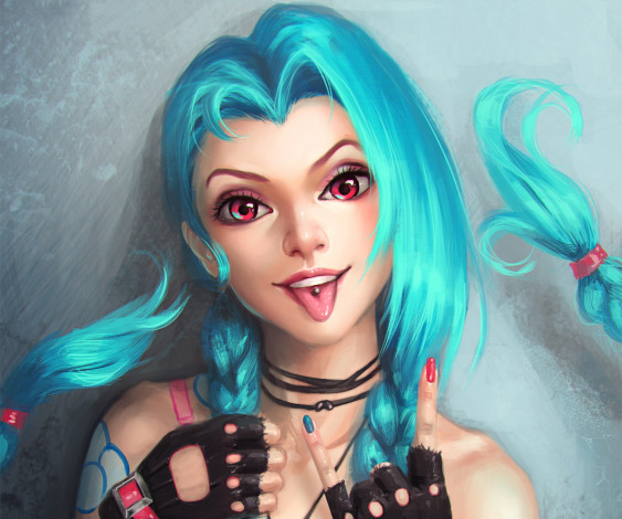 Обои картинки фото league of legends, фэнтези, девушки, язык, league, of, legends, lol, jinx