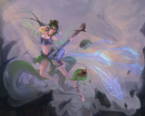 Обои картинки фото фэнтези, девушки, девушка, музыкальный, инструмент, магия, волшебство