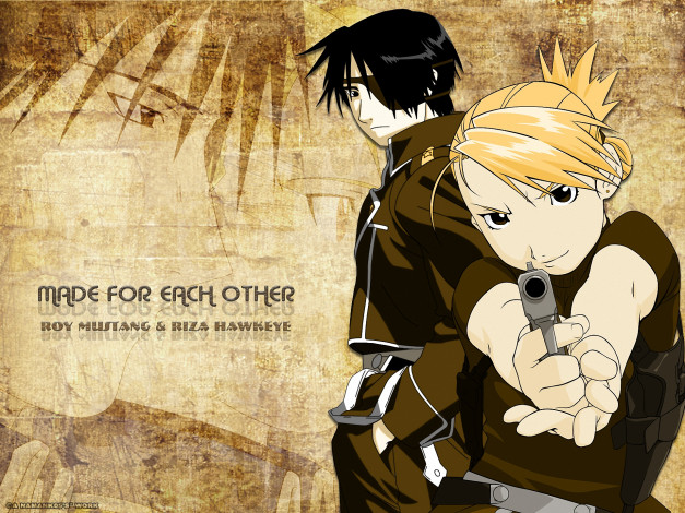 Обои картинки фото аниме, fullmetal alchemist, roy, mustang, riza, hawkeye, военные, оружие, алхимик