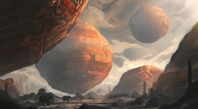 Обои картинки фото фэнтези, иные миры,  иные времена, гигантские, сферы, скалы, арт, слоны