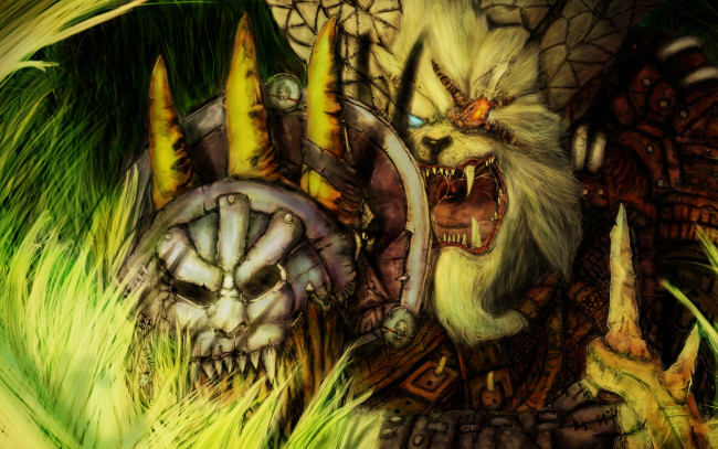 Обои картинки фото league of legends, фэнтези, существа, трава, щит, воин, league, of, legends, пасть, клыки, глаз, rengar, арт