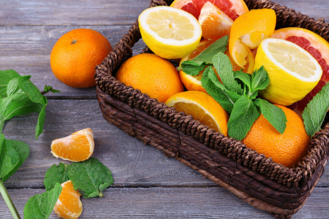 Обои картинки фото еда, цитрусы, фрукты, мята, корзинка