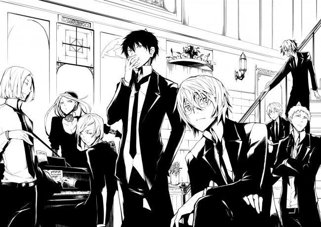 Обои картинки фото аниме, *unknown , другое, монохромное, девушки, парни, чёрно-белое