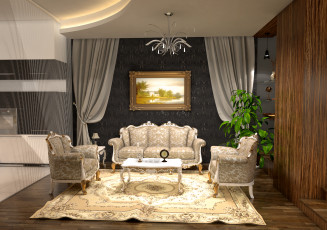 Картинка 3д+графика реализм+ realism диваны картина растение шторы столик