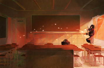 Картинка аниме kagerou+project tateyama ayano keshitsubu арт класс парты стены окно занавески парень девушка плачет слёзы грусть kisaragi shintaro kagerou project