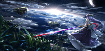 Картинка аниме touhou арт небо звёзды облака острова тоухоу девушка