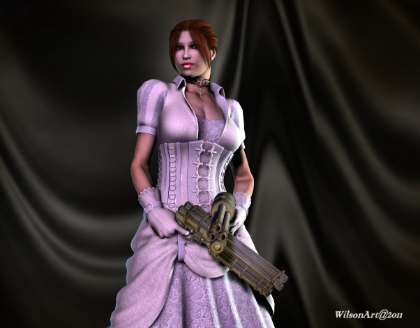 Обои картинки фото 3д графика, фантазия , fantasy, оружие, фон, взгляд, девушка