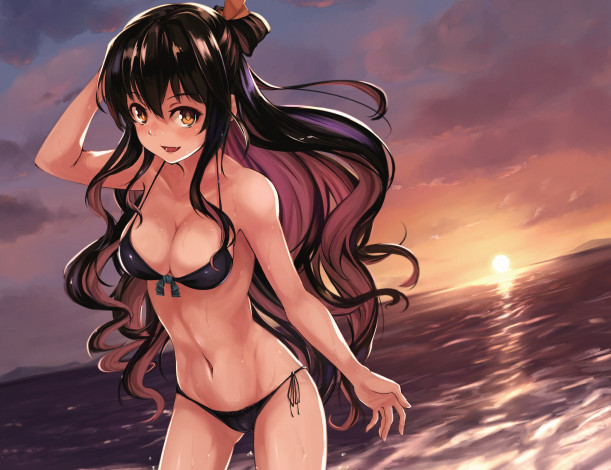 Обои картинки фото аниме, kantai collection, небо, закат, купальник, пляж, kantai, collection, maki, pei, солнце, облака, девушка, арт, море, kancolle, naganami