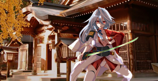 Обои картинки фото аниме, оружие,  техника,  технологии, мечь, дом, девушка, осень, арт, khibiki, brequiem