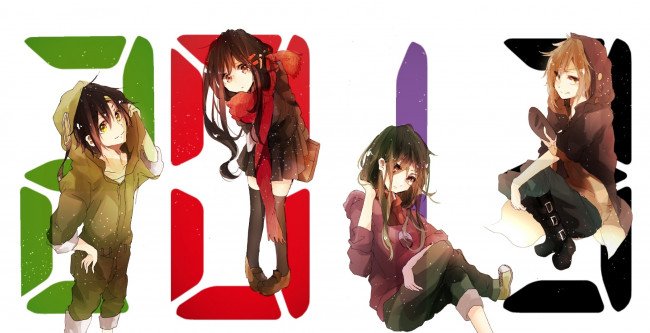 Обои картинки фото аниме, kagerou project, арт, felt, brave, tateyama, ayano, kano, shuuya, kagerou, project, seto, kousuke, kido, tsubomi, девушки, парень, цифры