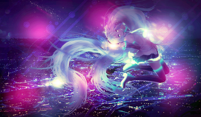 Обои картинки фото аниме, vocaloid, огни, свет, девушка, арт, alicehato, hatsune, miku, город, ночь